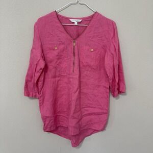 Company Ellen Tracy Tunic‎ Top Women's Size S Roll-Tab-Sleeve Pink Linen 1/4 Zip